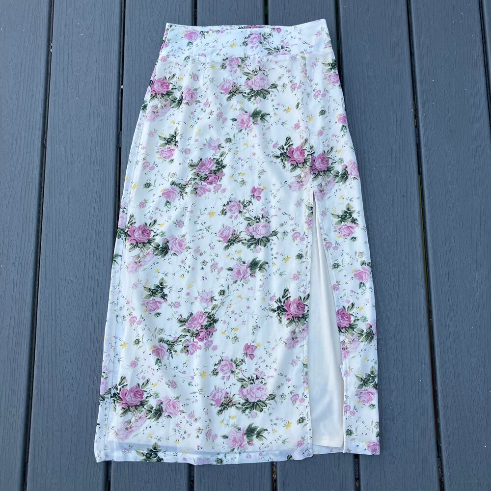 Cream and pink floral midi skirt with slit, cottagecore coquette fairycore boho